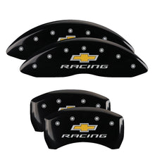 Load image into Gallery viewer, 4-Caliper-Covers-Engraved-Front--Rear-Chevy-Racing-Black-Finish-Silver-Ch