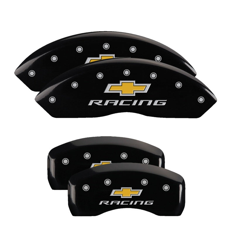 4-Caliper-Covers-Engraved-Front--Rear-Chevy-Racing-Black-Finish-Silver-Ch