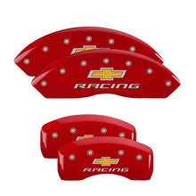 Load image into Gallery viewer, 4-Caliper-Covers-Engraved-Front--Rear-Chevy-Racing-Red-Finish-Silver-Ch