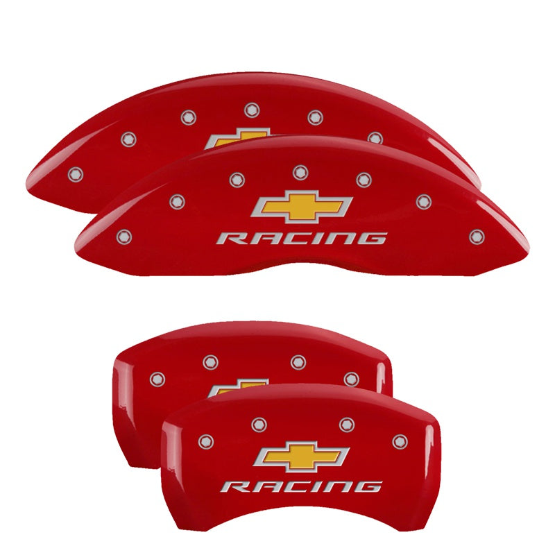 4-Caliper-Covers-Engraved-Front--Rear-Chevy-Racing-Red-Finish-Silver-Ch