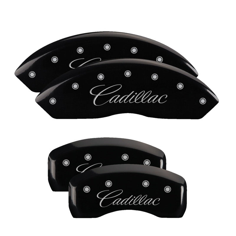 4-Caliper-Covers-Engraved-Front--Rear-CursiveCadillac-Black-Finish-Silver-Ch