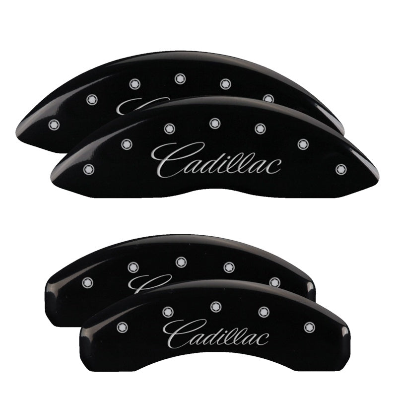 4-Caliper-Covers-Engraved-Front--Rear-CursiveCadillac-Black-Finish-Silver-Ch