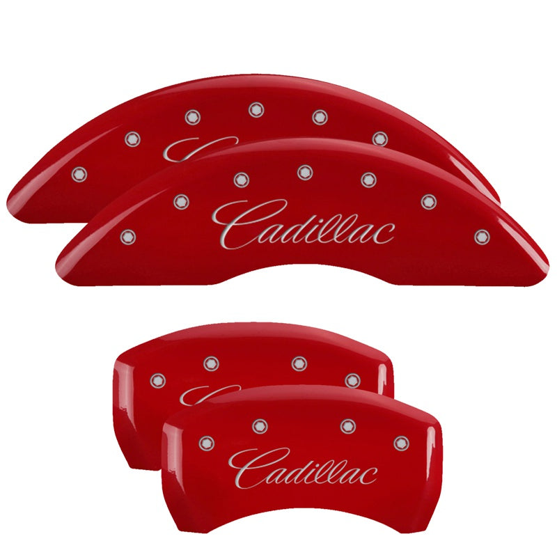 4-Caliper-Covers-Engraved-Front--Rear-CursiveCadillac-Red-Finish-Silver-Ch