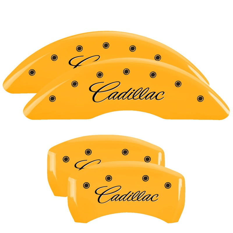 4-Caliper-Covers-Engraved-Front--Rear-CursiveCadillac-Yellow-Finish-Black-Ch
