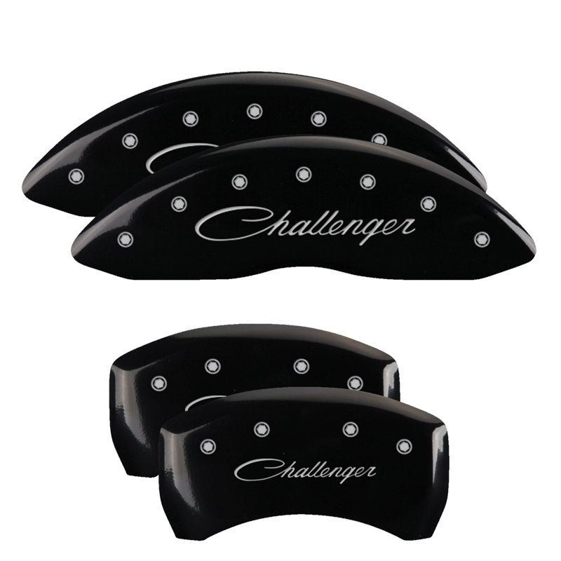 4-Caliper-Covers-Engraved-Front--Rear-CursiveChallenger-Black-Finish-Silver-Ch