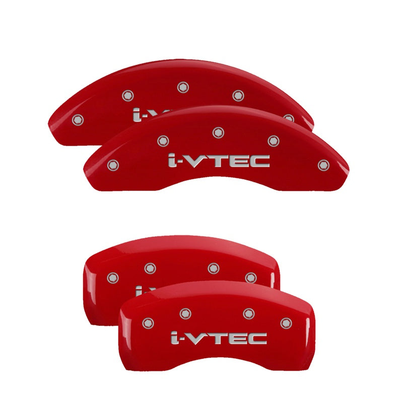 4-Caliper-Covers-Engraved-Front--Rear-I-Vtec-Red-Finish-Silver-Ch