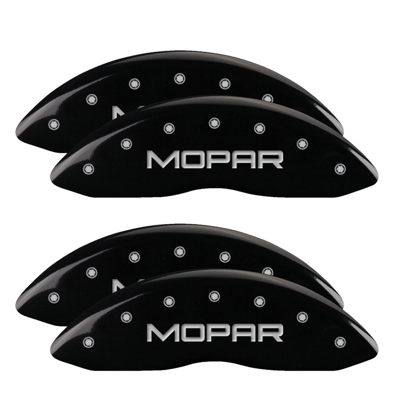 4-Caliper-Covers-Engraved-Front--Rear-Mopar-Black-Finish-Silver-Ch