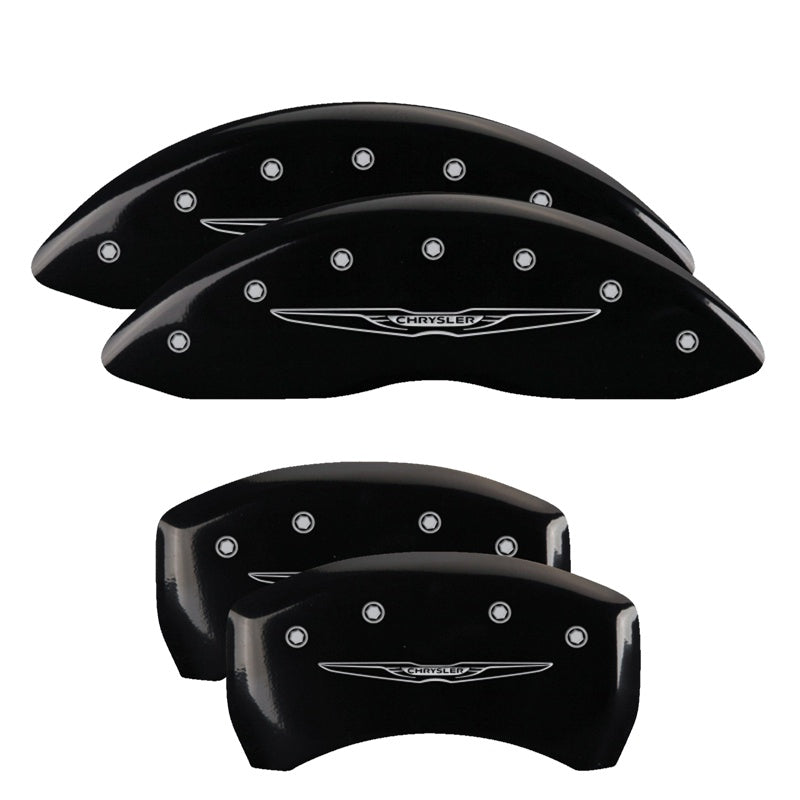 4-Caliper-Covers-Engraved-Front--Rear-Style-2Chrysler-Wing-Black-Finish-Silver-Ch