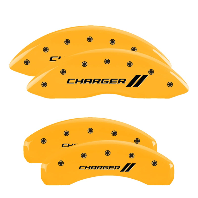 4-Caliper-Covers-Engraved-Front--Rear-With-StripesCharger-Yellow-Finish-Black-Ch