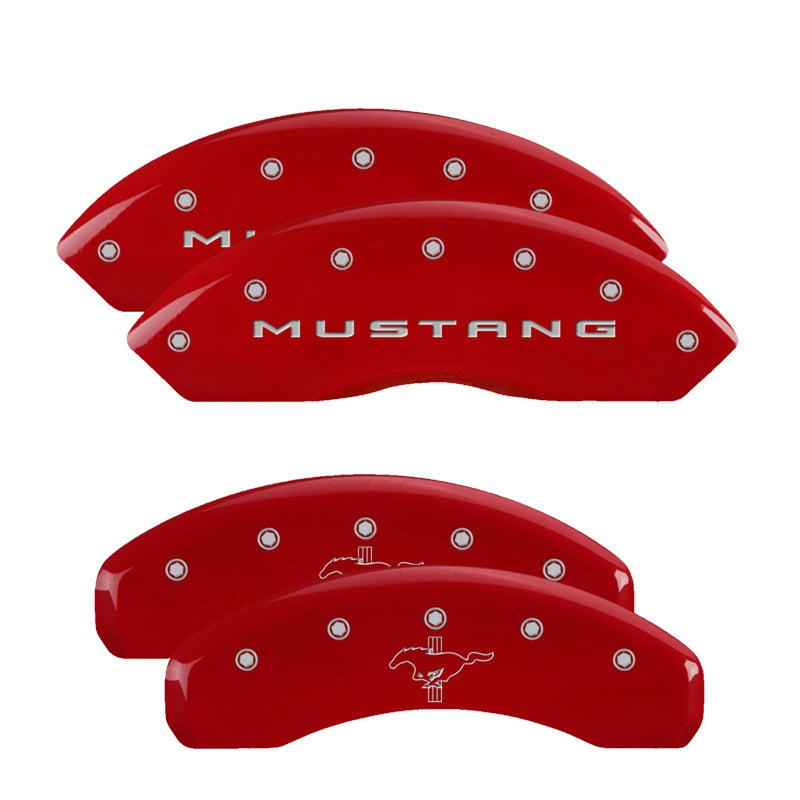 4-Caliper-Covers-Engraved-Front-2015Mustang-Engraved-Rear-2015Bar--Pony-Red-Finish-Silver-Ch