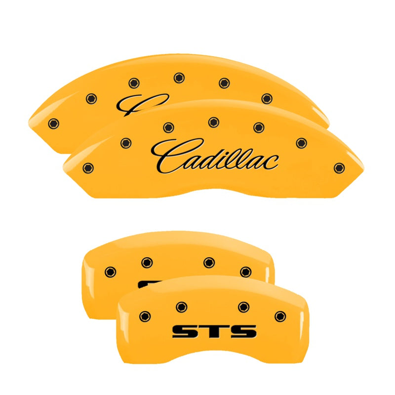 4-Caliper-Covers-Engraved-Front-Cadillac-Rear-Sts-Yellow-Finish-Black-Char-2007-Cadillac-Sts