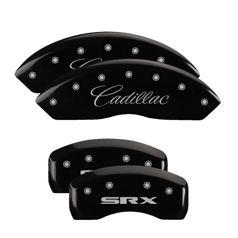 4-Caliper-Covers-Engraved-Front-CursiveCadillac-Engraved-Rear-Srx-Black-Finish-Silver-Ch
