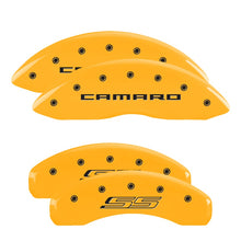 Load image into Gallery viewer, 4-Caliper-Covers-Engraved-Front-Gen-5Camaro-Engraved-Rear-Gen-5Ss-Yellow-Finish-Black-Ch