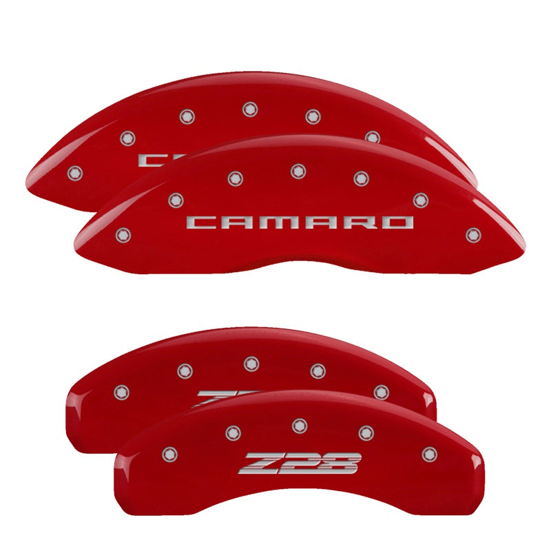 4-Caliper-Covers-Engraved-Front-Gen-5Camaro-Engraved-Rear-Gen-5Z28-Red-Finish-Silver-Ch