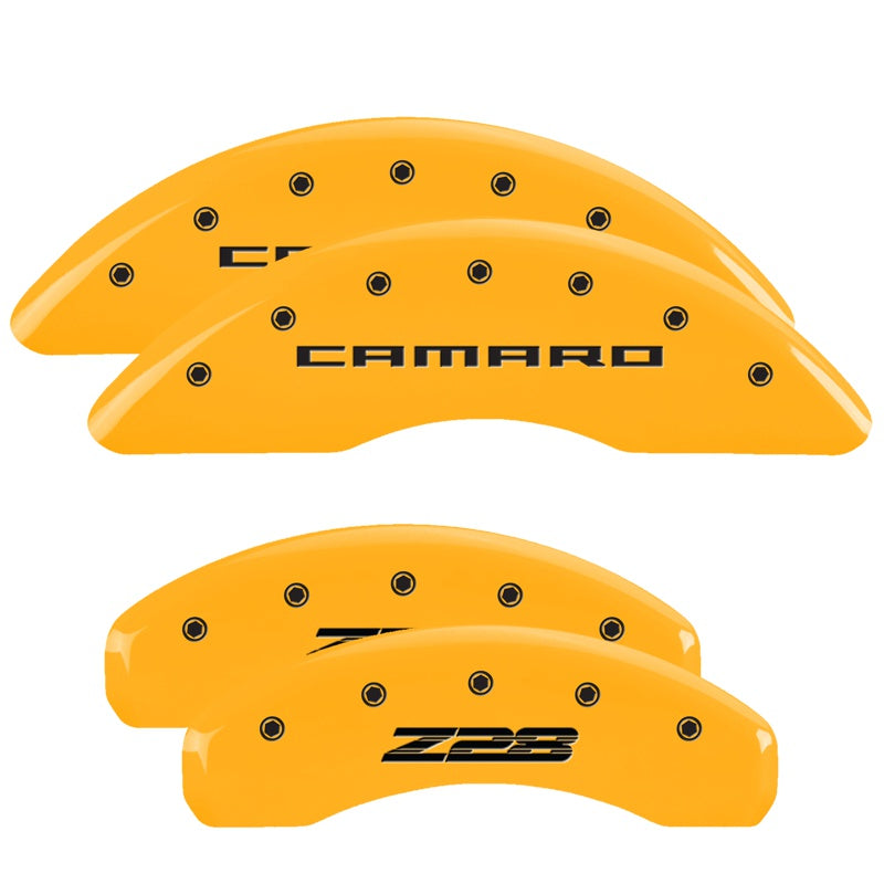 4-Caliper-Covers-Engraved-Front-Gen-5Camaro-Engraved-Rear-Gen-5Z28-Yellow-Finish-Black-Ch