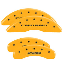 Load image into Gallery viewer, 4-Caliper-Covers-Engraved-Front-Gen-5Camaro-Engraved-Rear-Gen-5Z28-Yellow-Finish-Black-Ch