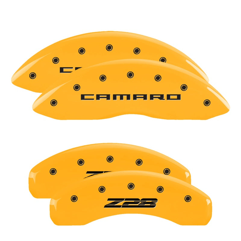 4-Caliper-Covers-Engraved-Front-Gen-5Camaro-Engraved-Rear-Gen-5Z28-Yellow-Finish-Black-Ch