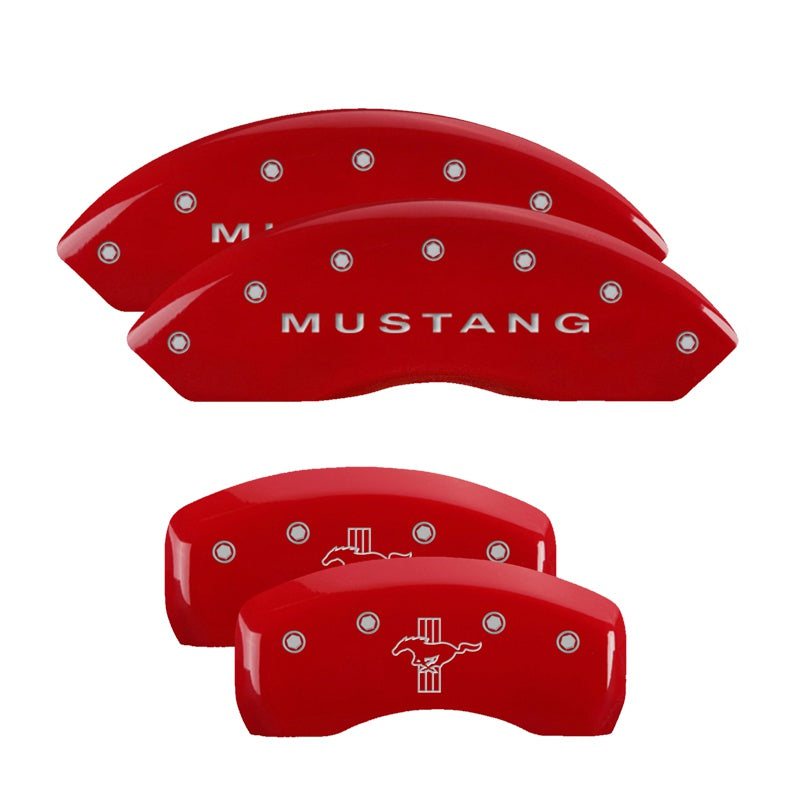 4-Caliper-Covers-Engraved-Front-Mustang-Engraved-Rear-Bar--Pony-Red-Finish-Silver-Ch