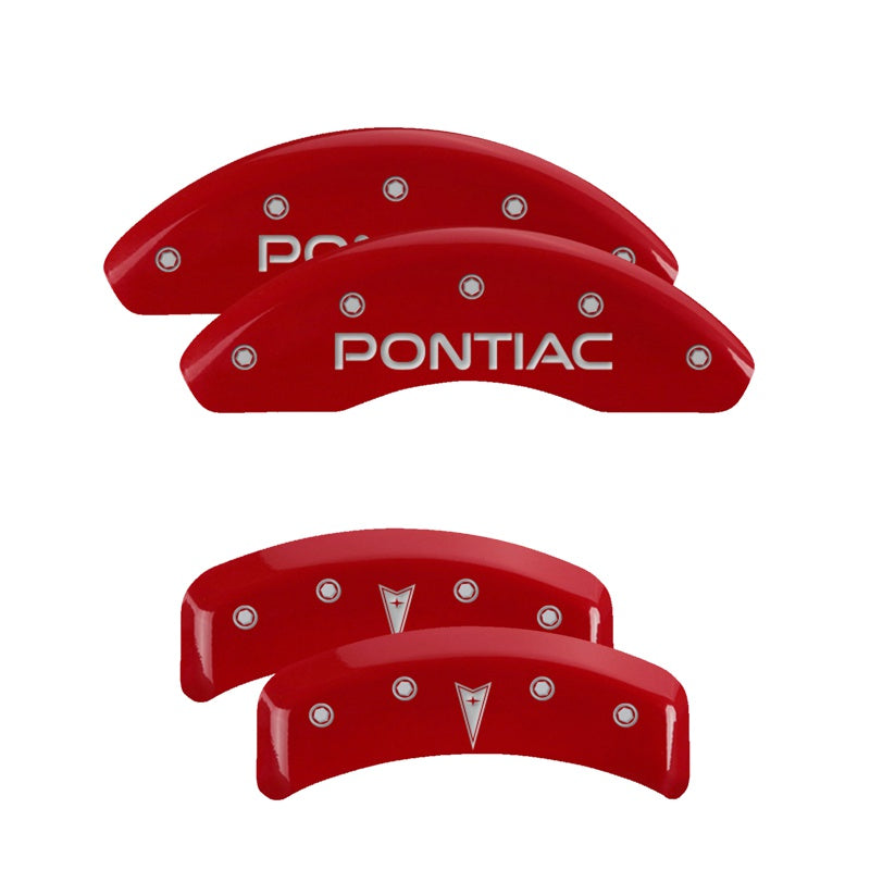 4-Caliper-Covers-Engraved-Front-Pontiac-Engraved-Rear-Arrow-Red-Finish-Silver-Ch
