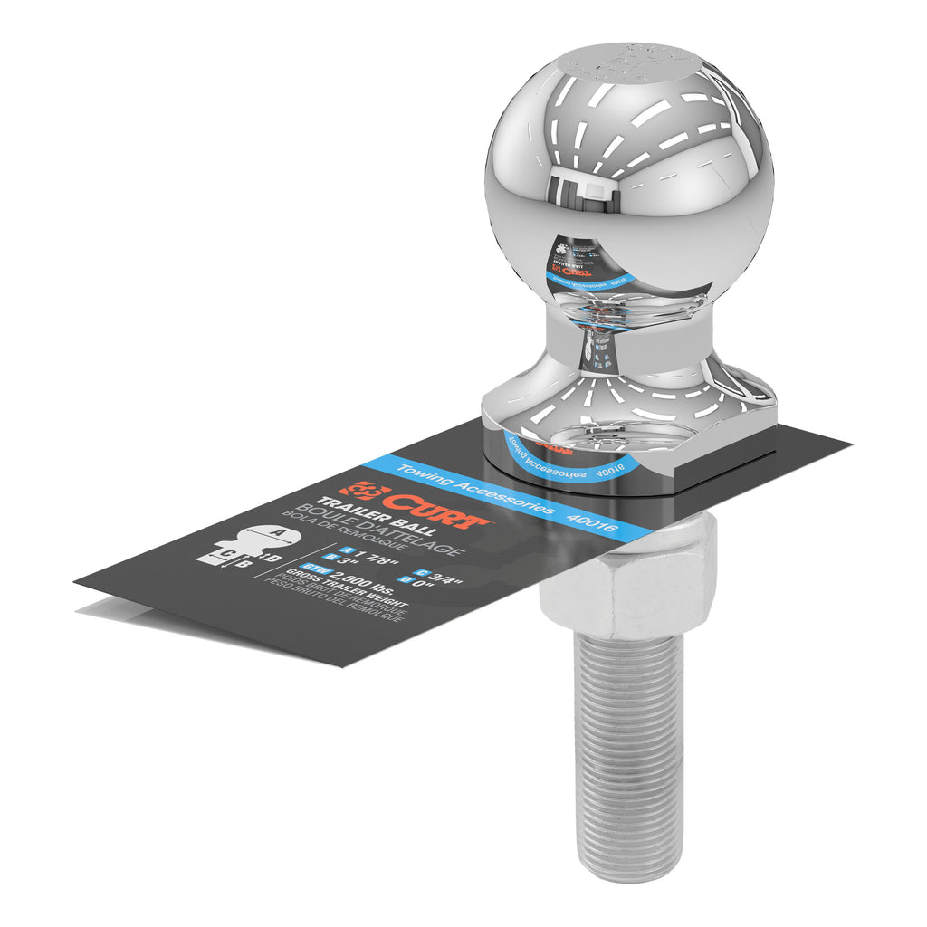 CURT 40016 1-7/8" Trailer Ball (3/4" x 3" Shank, 2,000 lbs., Chrome)