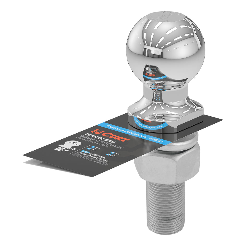 CURT 40020 2" Trailer Ball (1" x 3" Shank, 6,000 lbs., Chrome)