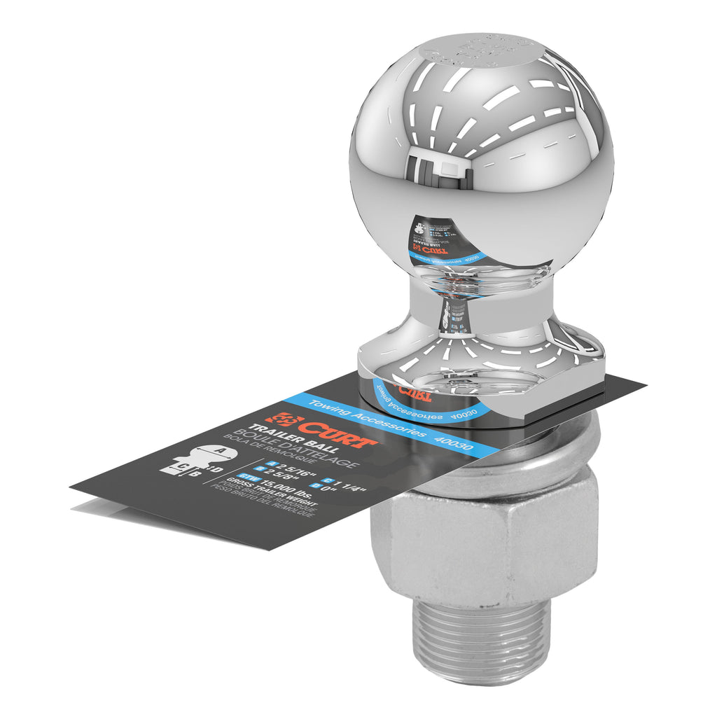 CURT 40030 2-5/16" Trailer Ball (1-1/4" x 2-5/8" Shank, 15,000 lbs., Chrome)