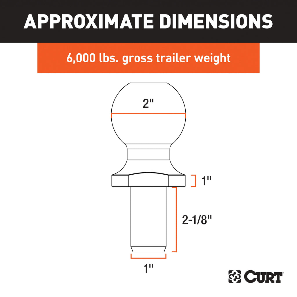 CURT 40033 2" Trailer Ball (1" x 2-1/8" Shank, 1" Rise, 6,000 lbs., Chrome)
