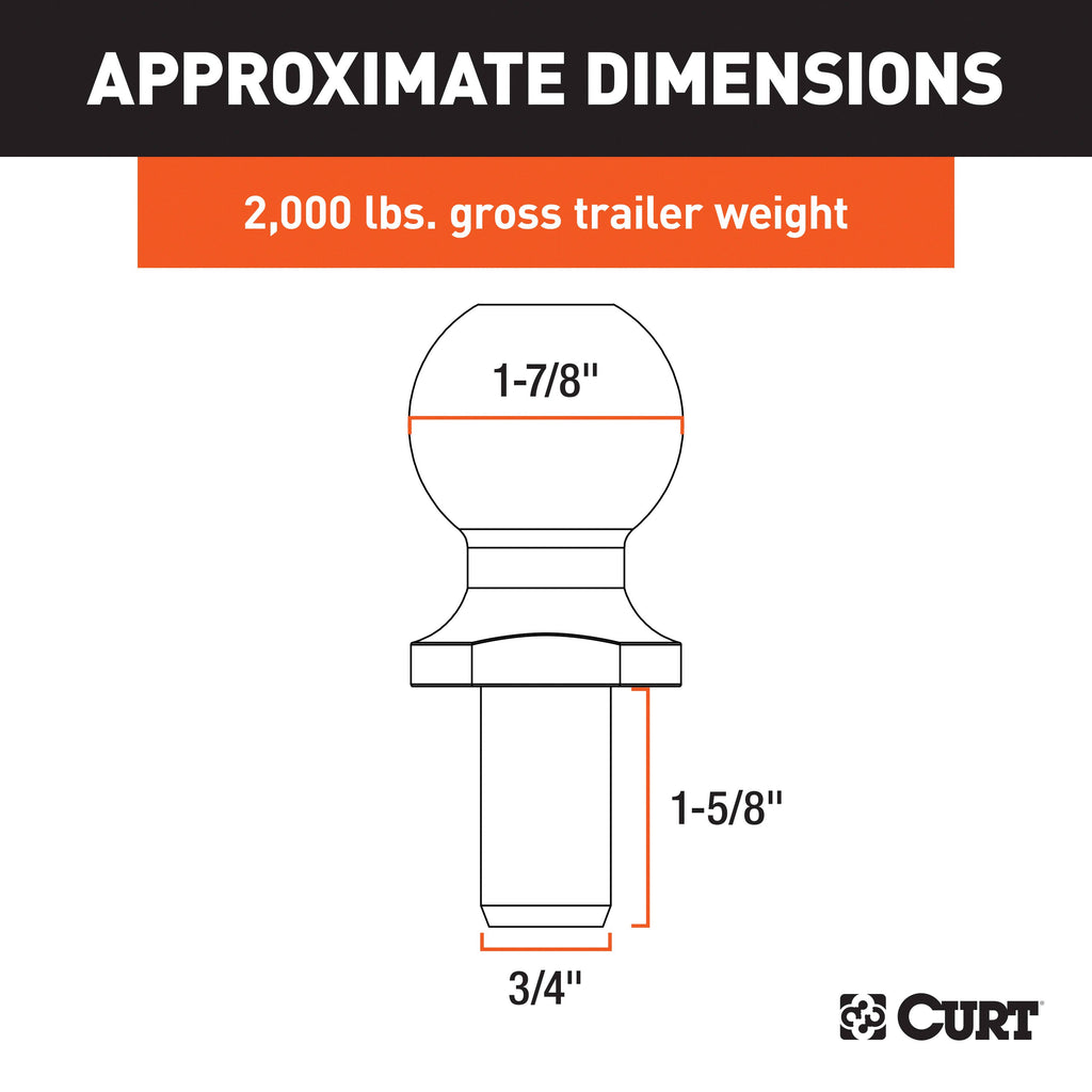 CURT 40061 1-7/8" Trailer Ball (3/4" x 1-5/8" Shank, 2,000 lbs., Chrome, Packaged)