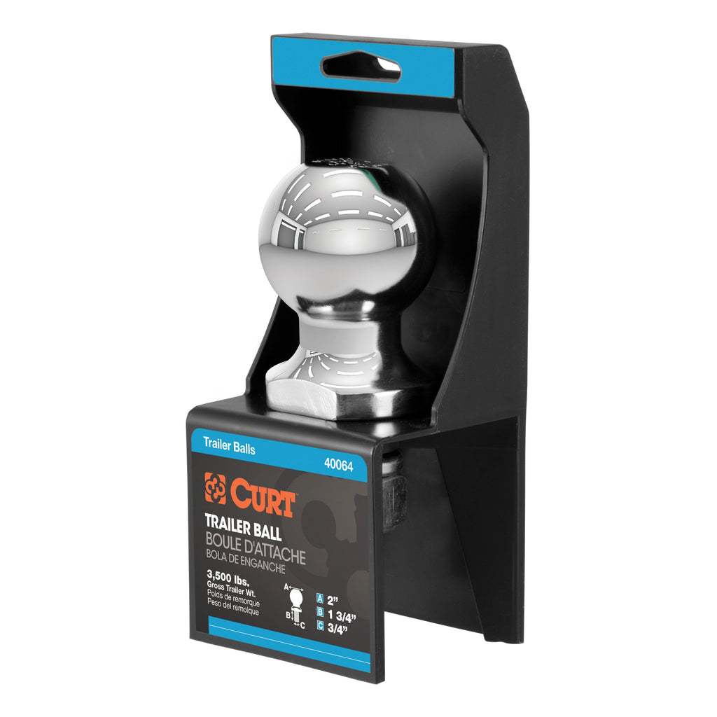 CURT 40064 2" Trailer Ball (3/4" x 1-3/4" Shank, 3,500 lbs., Chrome, Packaged)