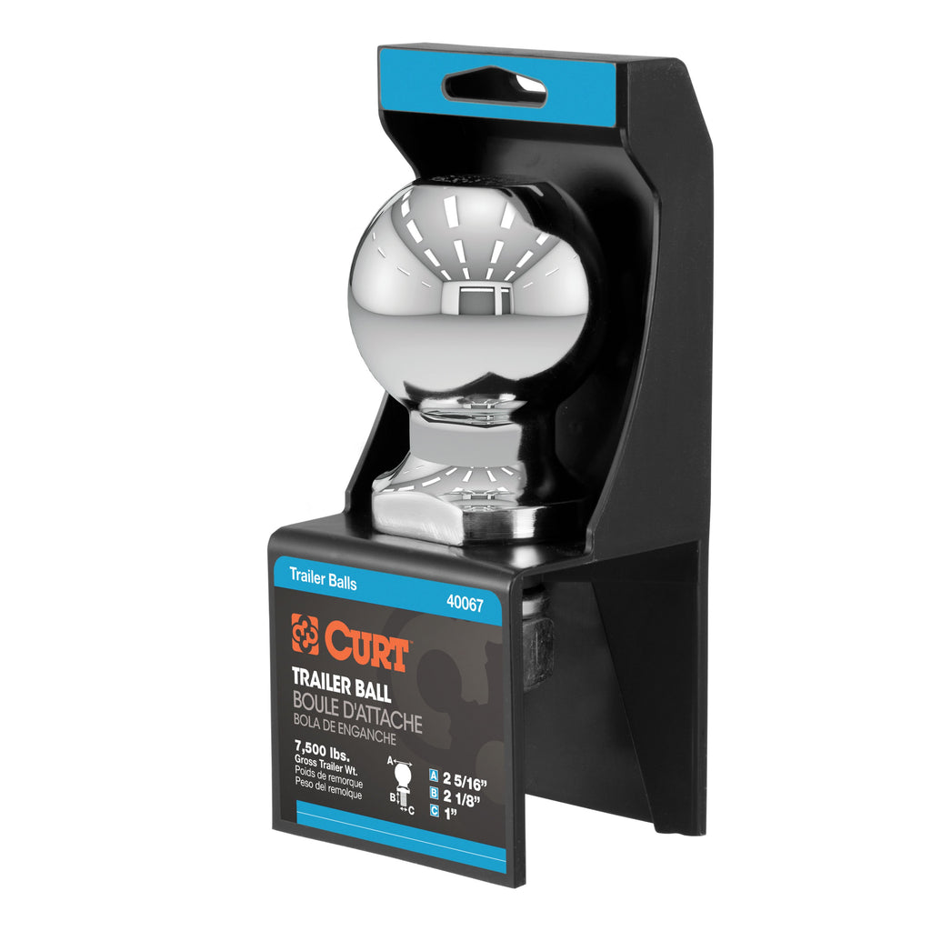 CURT 40067 2-5/16" Trailer Ball (1" x 2-1/8" Shank, 7,500 lbs., Chrome, Packaged)