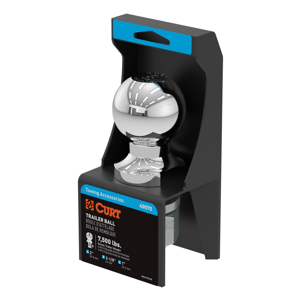 CURT 40070 2" Trailer Ball (1" x 2-1/8" Shank, 7,500 lbs., Chrome, Packaged)