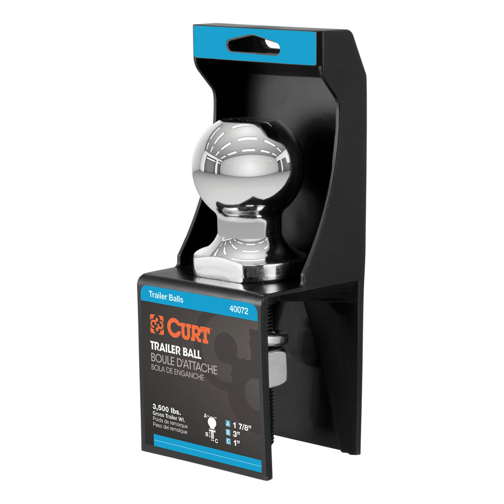 CURT 40072 1-7/8" Trailer Ball (1" x 3" Shank, 3,500 lbs., Chrome, Packaged)