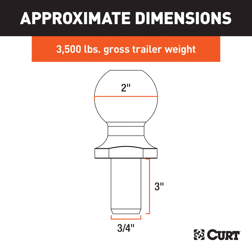 CURT 40073 2" Trailer Ball (3/4" x 3" Shank, 3,500 lbs., Chrome, Packaged)