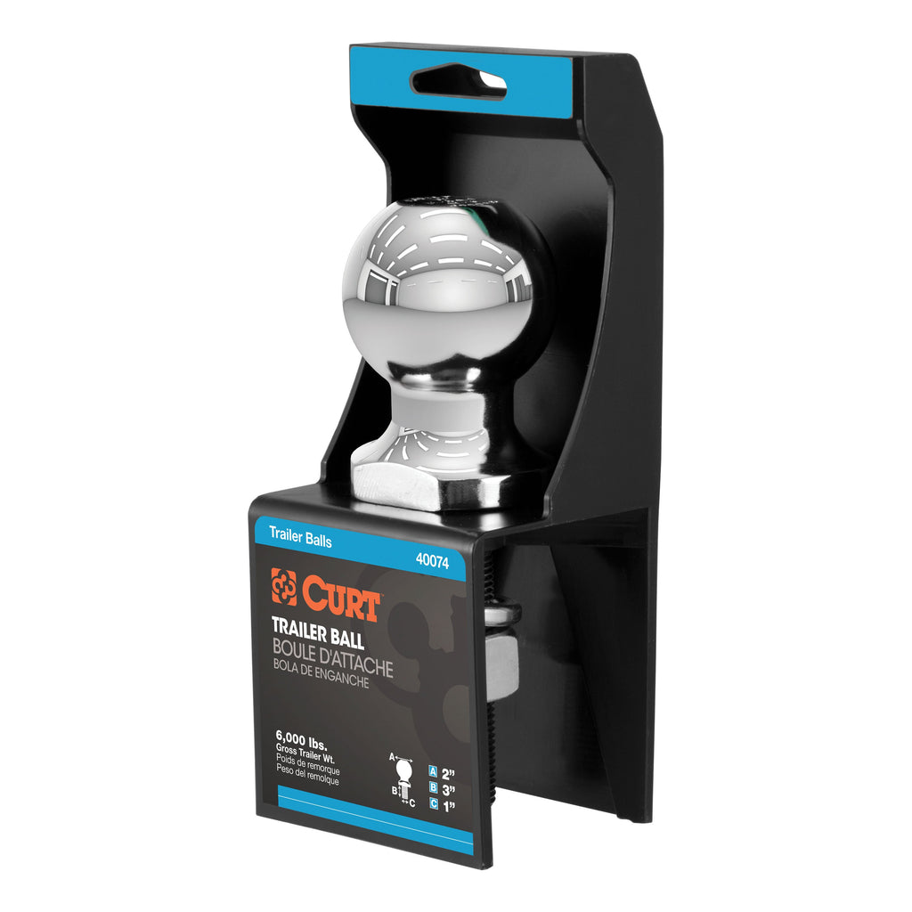 CURT 40074 2" Trailer Ball (1" x 3" Shank, 6,000 lbs., Chrome, Packaged)