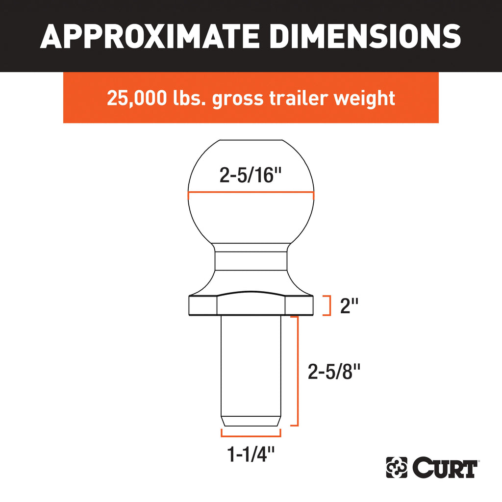 CURT 40087 2-5/16" Trailer Ball (1-1/4" x 2-5/8" Shank, 2" Rise, 25,000 lbs., Raw Steel)