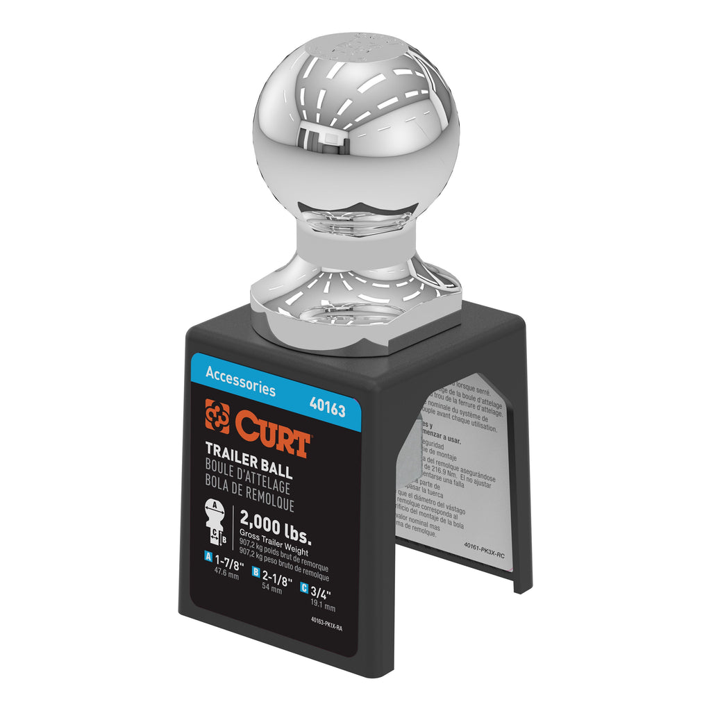 CURT 40163 1-7/8" Trailer Ball (3/4" x 2-1/8" Shank, 2,000 lbs., Chrome, Packaged)