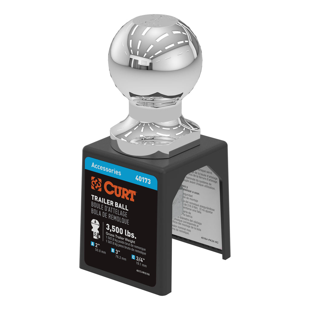 CURT 40173 2" Trailer Ball (3/4" x 3" Shank, 3,500 lbs., Chrome, Packaged)