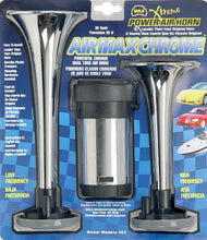 Load image into Gallery viewer, Wolo Horns 403 AIR MAX CHROME-Two(2)Plastic Chrome Trumpets with12Volt Compact Chrome Compressor