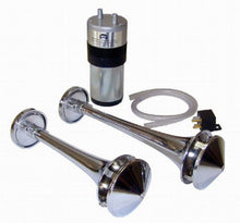 Load image into Gallery viewer, Wolo Horns 415-DTK AIRSPLITTER-Two Tone Alternating/Steady Blast.Two(2) Metal Chrome Plated Trumpets with Chrome Back Covers and Front Weather Protection Covers.2 Volt Heavy-Duty Compressor