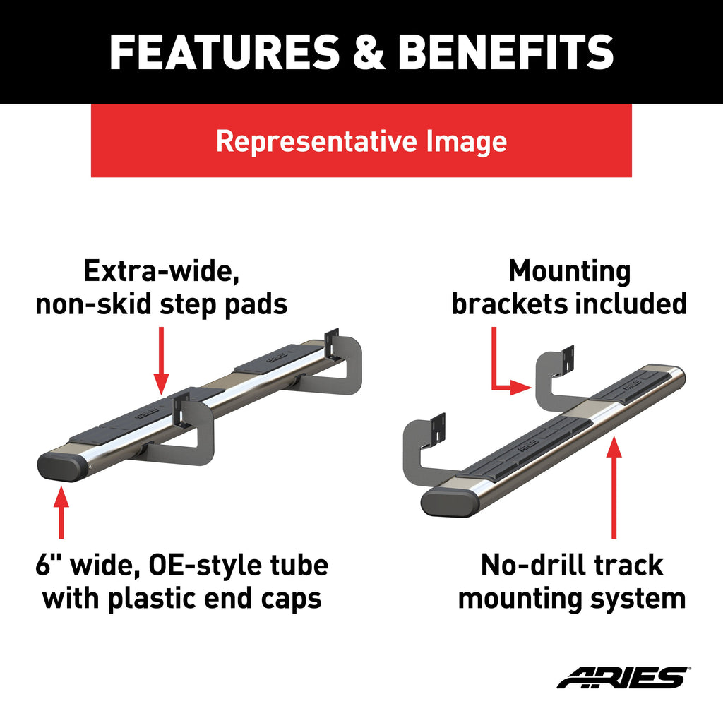 ARIES 4444014 6in. x 75in. Polished Stainless Oval Side Bars; Select Dodge Ram 1500 - Truck Part Superstore