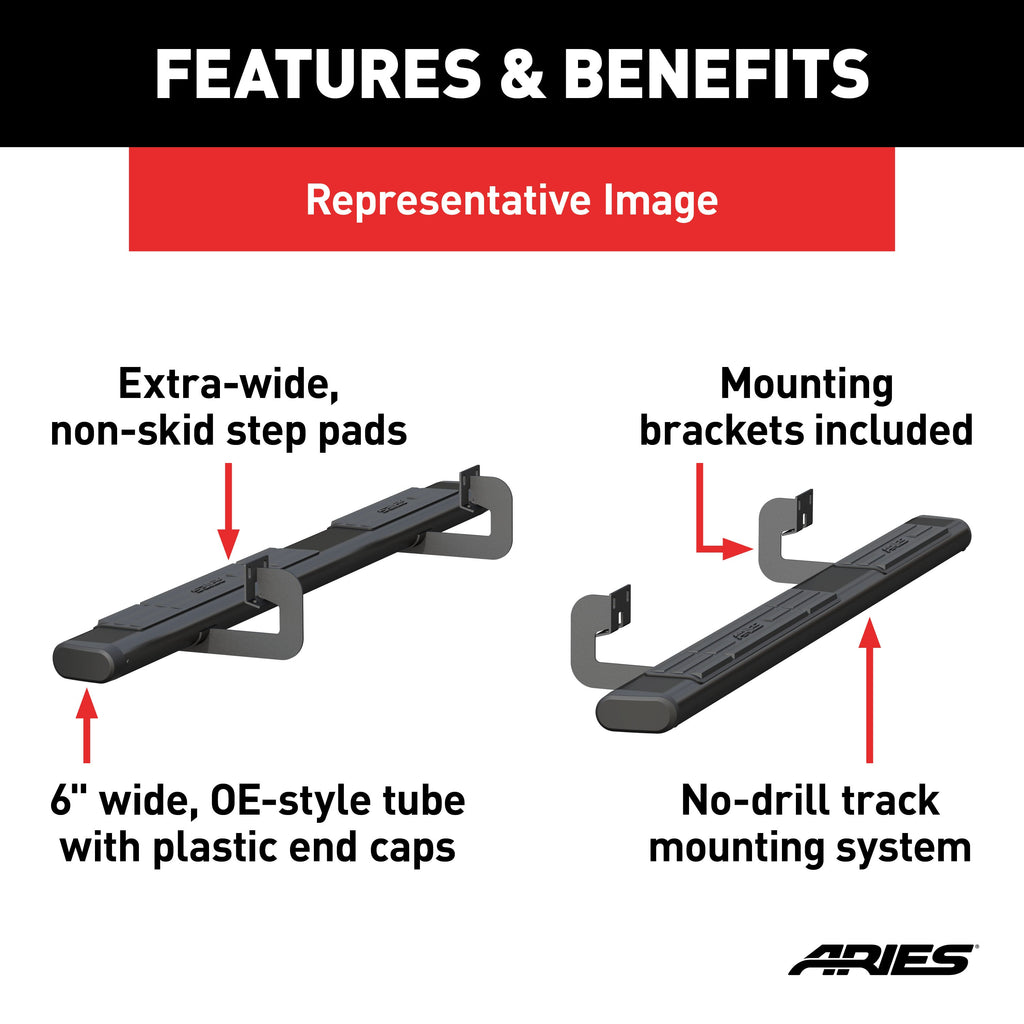 ARIES 4445007 6in. x 75in. Black Aluminum Oval Side Bars; Select Chevrolet Silverado; GMC Sier - Truck Part Superstore