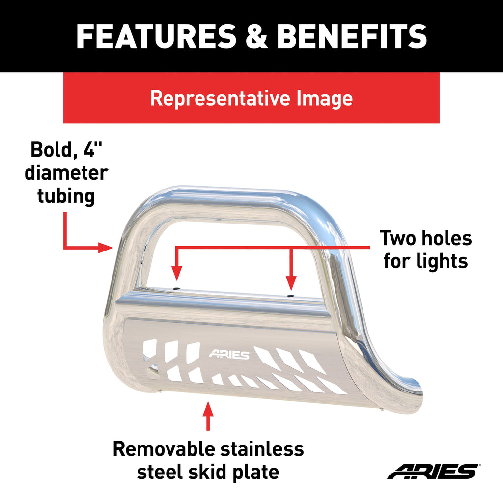ARIES 45-5005 Big Horn 4in. Polished Stainless Bull Bar; Select Dodge; Ram 1500 - Truck Part Superstore
