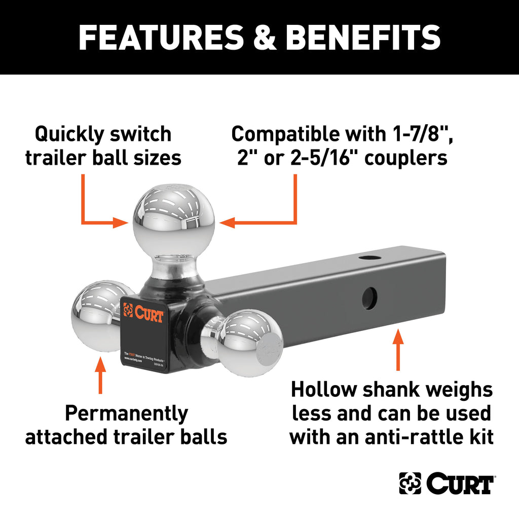 CURT 45001 Multi-Ball Mount (2" Hollow Shank, 1-7/8", 2" & 2-5/16" Chrome Balls)