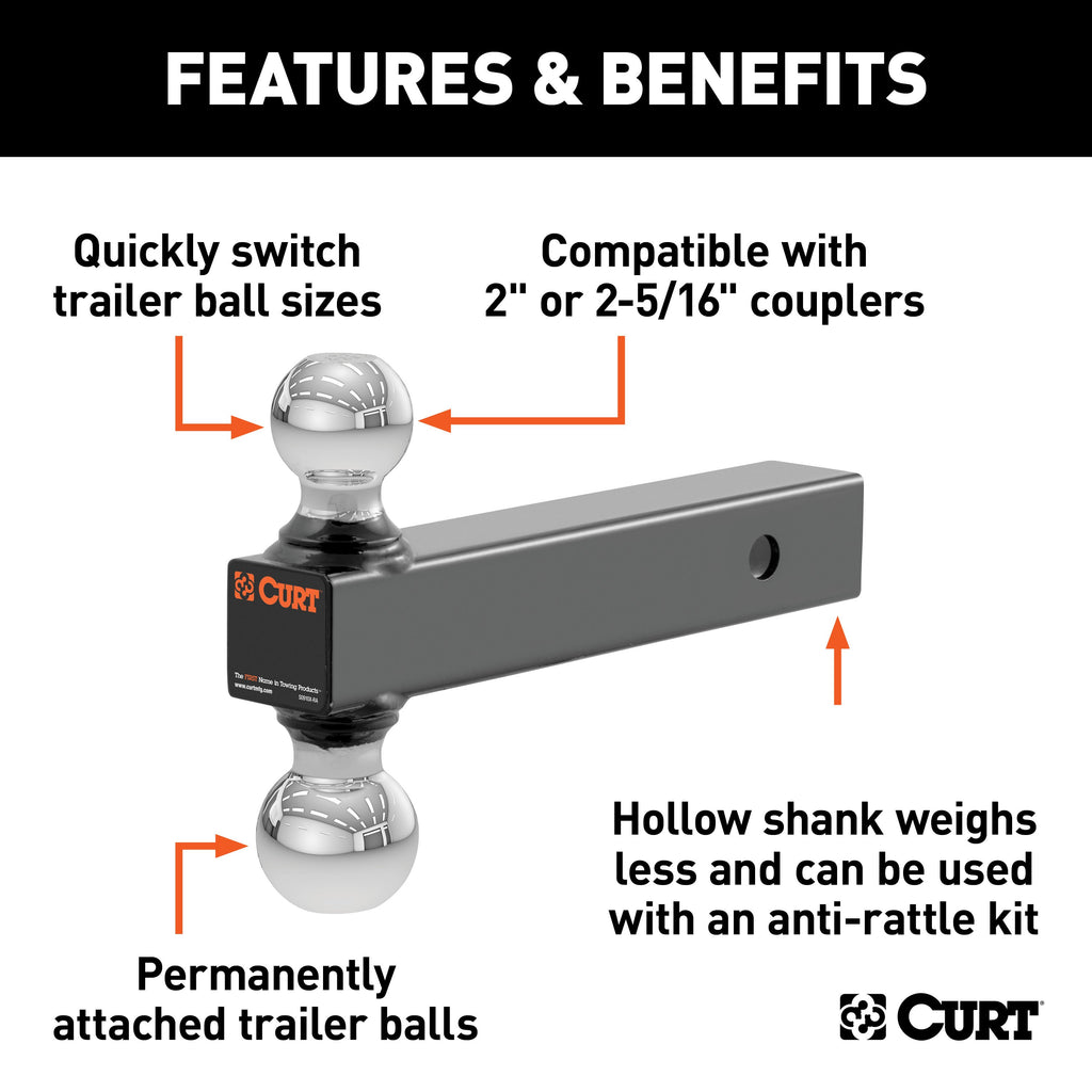 CURT 45002 Multi-Ball Mount (2" Hollow Shank, 2" & 2-5/16" Chrome Balls)