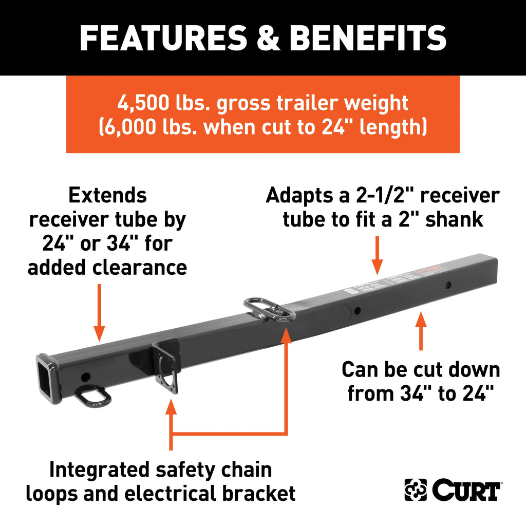 CURT 45048 Receiver Tube Adapter (2-1/2" to 2" Shank, 4,500 lbs. GTW, 34" Length)