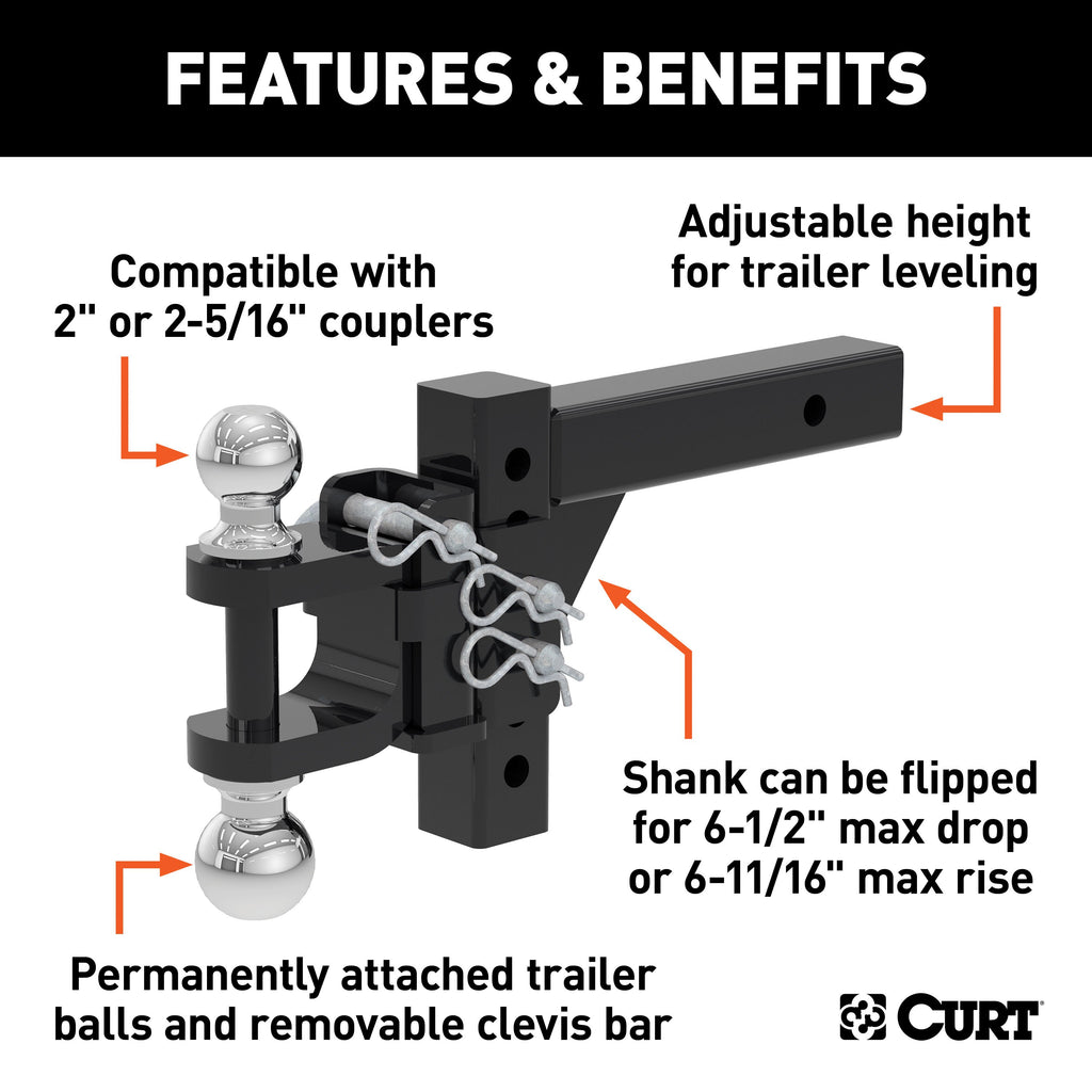 CURT 45049 Adjustable Multipurpose Ball Mount (2" Shank, 2" & 2-5/16" Balls)