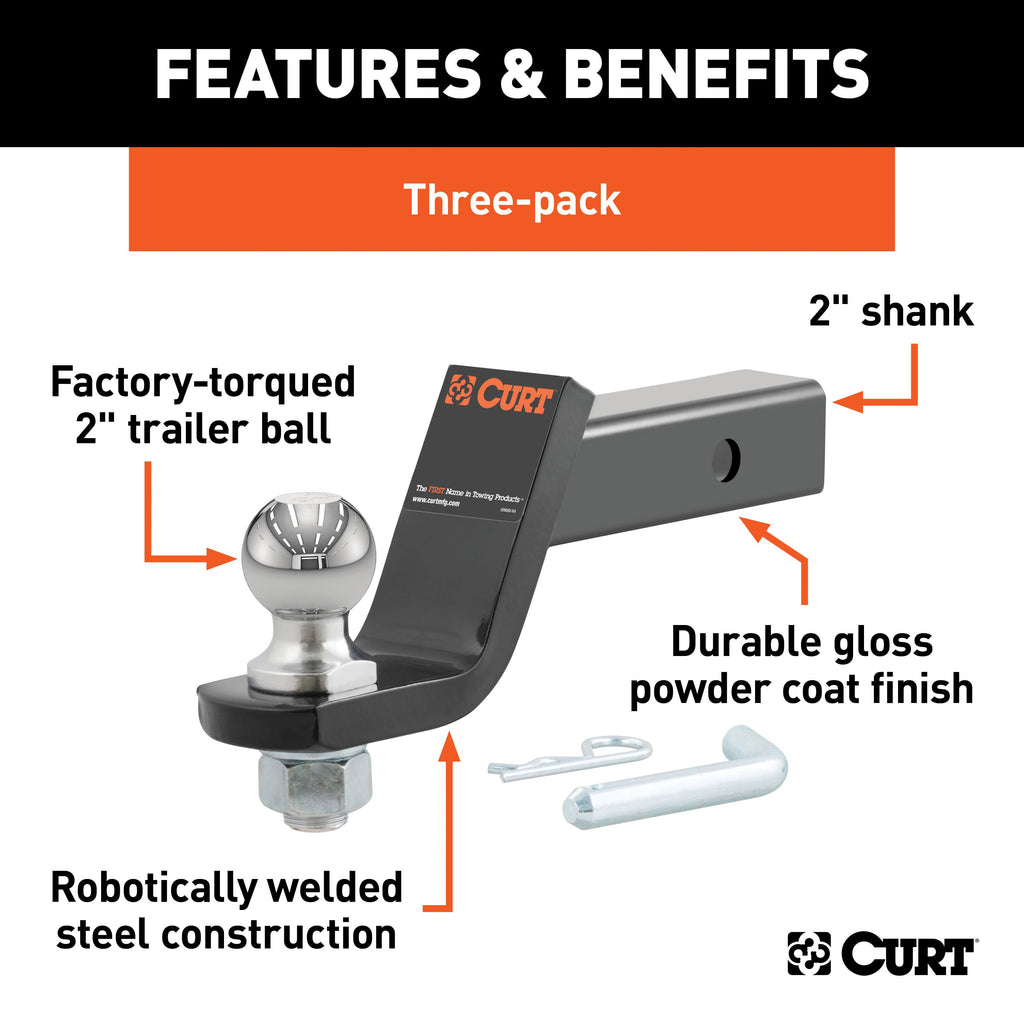 CURT 45057 Loaded Ball Mounts with 2" Balls (2" Shank, 7,500 lbs., 4" Drop, 3-Pack)