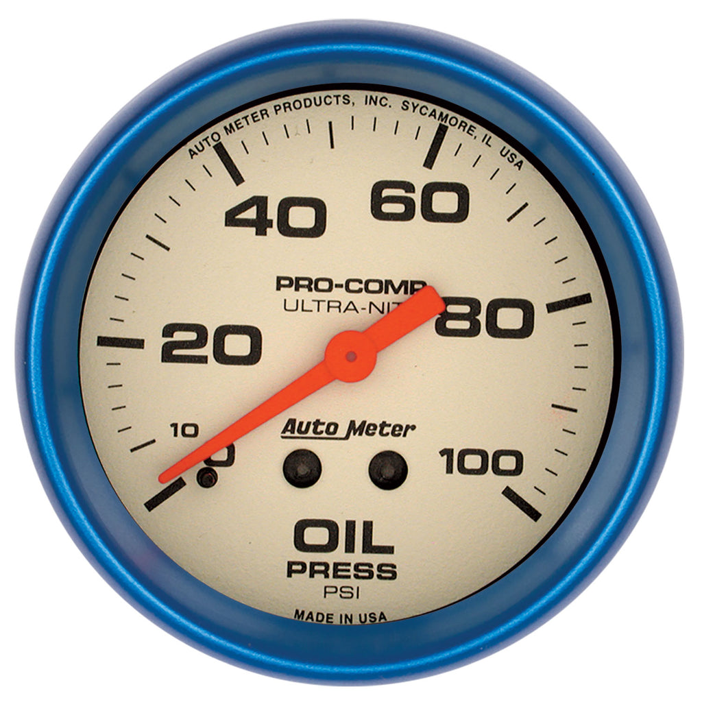 AutoMeter 4521 GAUGE, OIL PRESS, 2 5/8", 100PSI, MECH., GLOW IN THE DARK, ULTRA-NITE