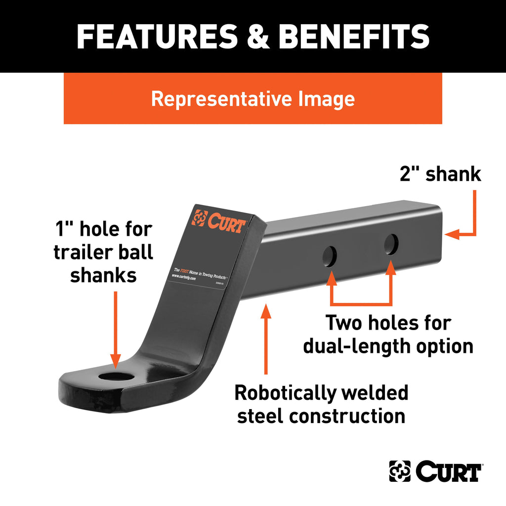 CURT 45220 Dual-Length Ball Mount (2" Shank, 7,500 lbs., 2" Drop, 7-1/2" or 10-1/2" Long)