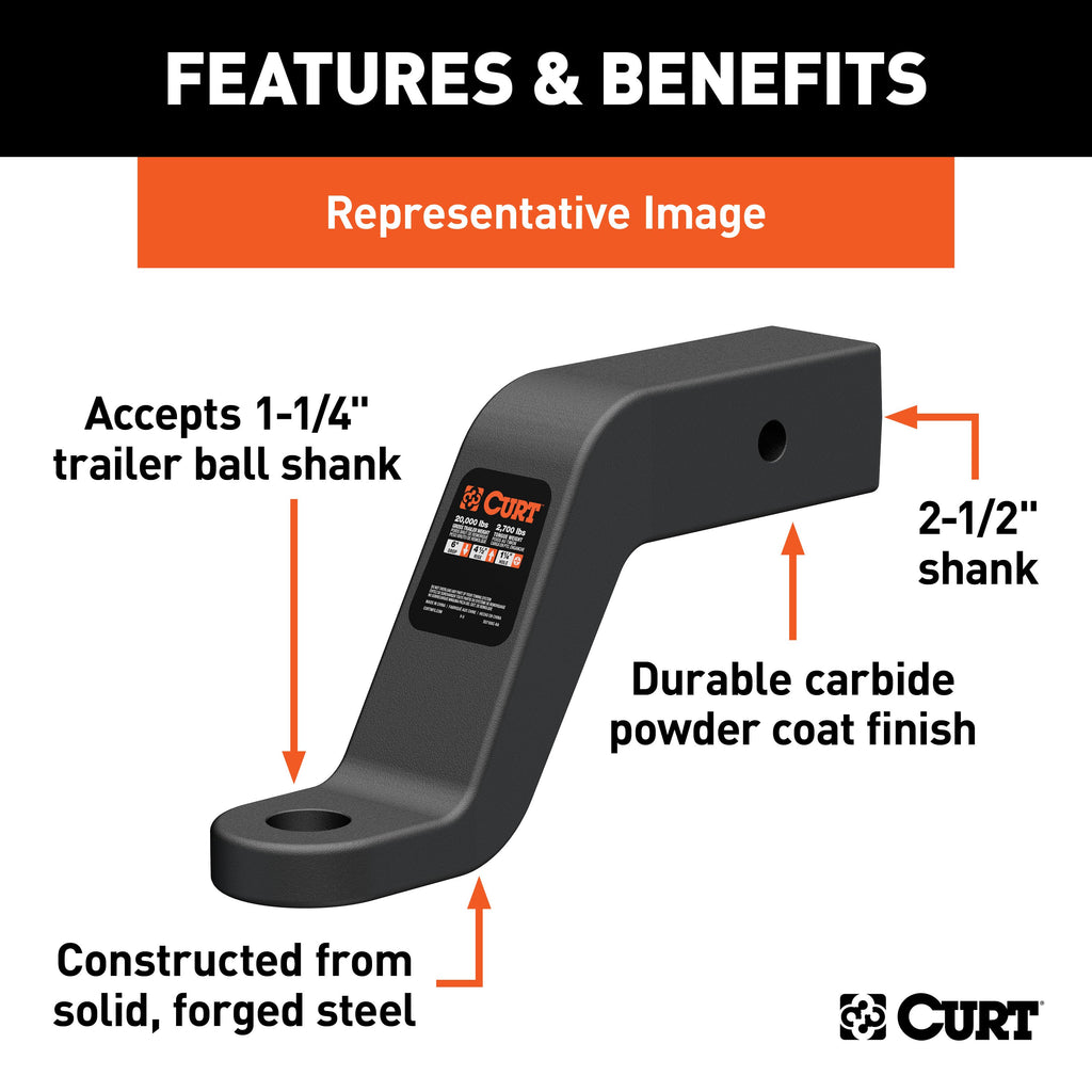 CURT 45459 Commercial Duty Forged Ball Mount (2-1/2" Shank, 20,000 lbs., 6" Drop)